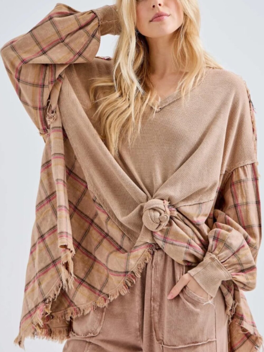 Jher Plaid & Textured Layered Top | Boho Frayed Edge Shirt | Casual Boutique Out
